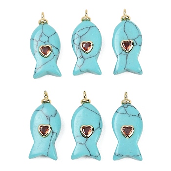Synthetic Turquoise Pendants, Fish Charms with Brass Micro Pave Cubic Zirconia Findings, Long-Lasting Plated, Real 18K Gold Plated, Cadmium Free & Lead Free, 27x12x6mm, Hole: 2mm