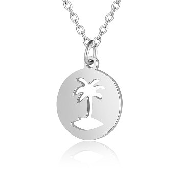 201 Stainless Steel Pendant Necklaces, with Cable Chains, Flat Round with Coconut Palm, Stainless Steel Color, 15.7 inch(40cm), 1.5mm, Flat Round: 16x13.5x1mm