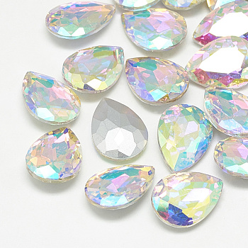 Pointed Back Glass Rhinestone Cabochons, Back Plated, Faceted, teardrop, Crystal AB, 10x7x4mm