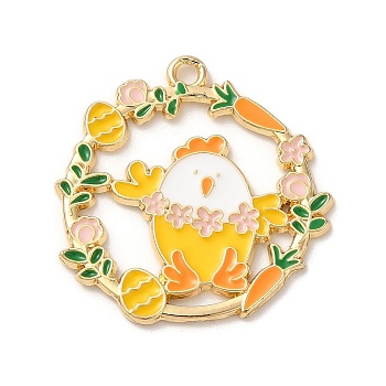 Alloy Enamel Pendants, Wreath with Chick Charm, Golden, Gold, 29x28x1.5mm, Hole: 1.8mm
