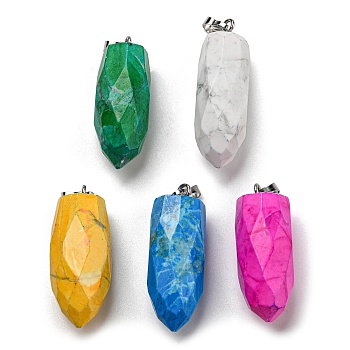 Natural Turquoise Pendants, with 201 Stainless Steel Findings, Dyed, Bullet, Mixed Color, 36~40.5x13~15.5x13.5~15mm, Hole: 8.2x3mm