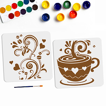 US 2Pcs 2 Styles PET Hollow Out Drawing Painting Stencils, for DIY Scrapbook, Photo Album, with 1Pc Art Paint Brushes, Cup Pattern, Stencils: 300x300mm, 1pc/style