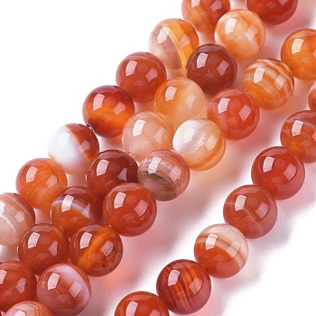 Natural Striped Agate/Banded Agate Beads Strands, Dyed & Heated, Round, Salmon, 6mm, Hole: 1mm, about 63pcs/strand, 14.57 inch(37cm)