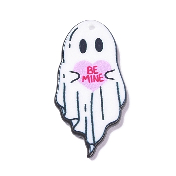 Halloween Printed Acrylic Pendants, Ghost with Heart & Word Be Mine Charm, Pink, 43.5x22x2mm, Hole: 1.8mm