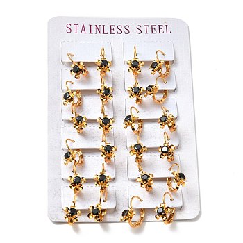 Rhinestone Flower Leverback Earrings, Gold Plated 304 Stainless Steel Jewelry for Women, Jet, 16x8.5mm, Pin: 0.8mm