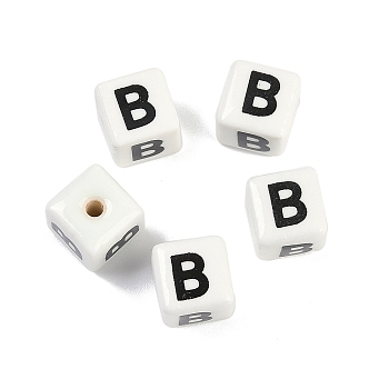 Porcelain Beads, Square with Letter, Letter B, 8.5x8.5x8.5mm, Hole: 1.6mm