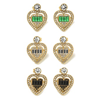 Ion Plating(IP) 304 Stainless Steel with Rhinestone Stud Earrings, Polished, Mixed Color, Golden, Heart, 23x17mm