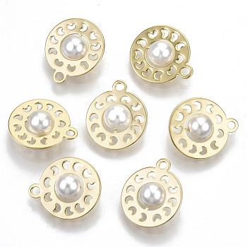 Brass Pendants, with ABS Plastic Imitation Pearl Beads, Nickel Free, Flat Round, Real 18K Gold Plated, Creamy White, 16x14x6mm, Hole: 1.6mm