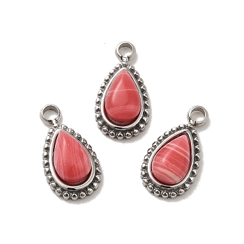 304 Stainless Steel Pave Natural Rhodochrosite Teardrop Charms, Stainless Steel Color, 10.5x6x4mm, Hole: 1.4mm