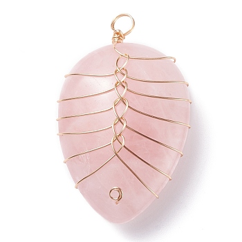 Natural Rose Quartz Pendants, with Light Gold Tone Copper Wire Wrapped, Water Drop, 42~43x25~26x12mm, Hole: 4mm