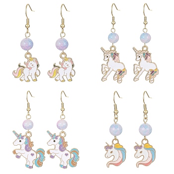 Alloy Enamel Unicorn Dangle Earrings with Glass Beaded, 304 Stainless Steel Earrings, Mixed Color, 50~58x13.5~31mm