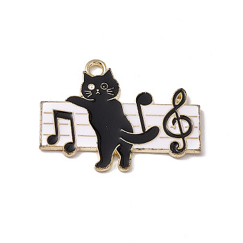 Music Theme Charm, Alloy Enamel Pendants, Cat with Music Scores, Golden, White, 21.5x27.5x1.2mm, Hole: 2mm