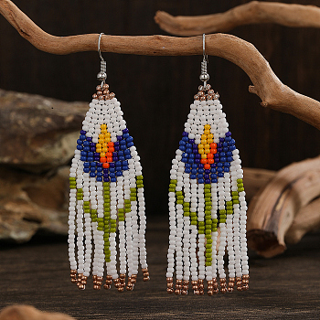 Bohemian Style Floral Glass Bead Tassel Dangle Earrings for Women, Platinum, White, 85x23mm