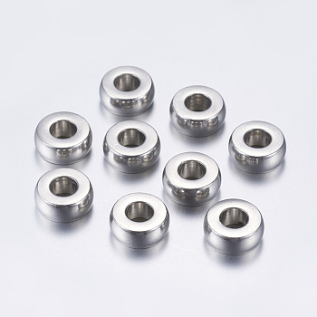 201 Stainless Steel European Beads, Large Hole Beads, Flat Round, Stainless Steel Color, 12x5mm, Hole: 5mm