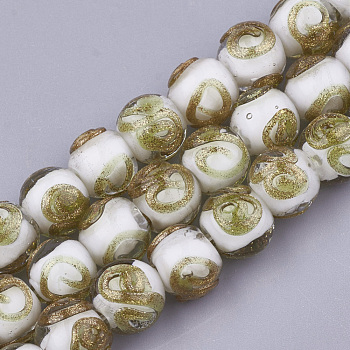 Handmade Gold Sand Lampwork Beads, Round, White, 10~11x9~9.5mm, Hole: 1.5~2mm