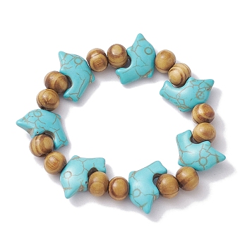 Beach Dolphin Dyed Synthetic Turquoise Stretch Bracelets, Summer Wood Beaded Kid Bracelets for Girls, Turquoise, Inner Diameter: 1-3/4 inch(4.5cm), Bead: 7x8~8.5mm, Dolphin: 12x19.5mm