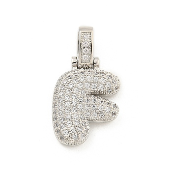 Brass Micro Pave Clear Cubic Zirconia Pendants, Platinum, Letter F, 31x16.5x5mm, Hole: 3x6mm