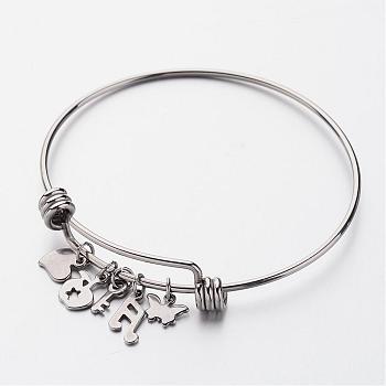Adjustable 304 Stainless Steel Bangles, Charm Bangles, Stainless Steel Color, 59x61mm