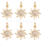 6Pcs Brass Micro Pave Cubic Zirconia Pendants, with Jump Ring, Long-Lasting Plated, Sun Charms, Real 18K Gold Plated, 15x12x2mm, Hole: 3.5mm(KK-LP0001-40)