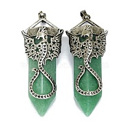 Natural Green Aventurine Faceted Pointed Bullet Big Pendants, Rack Plating Antique Silver Plated Alloy Dragon Charms, Cadmium Free & Lead Free, 55~58.5x22.5~23x18.5mm, Hole: 4.8x7.8mm(G-Q165-02AS-06)