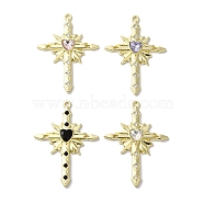 Rack Plating Alloy Pendants, with Rhinestone, Cadmium Free & Nickel Free & Lead Free, Cross with Heart, Mixed Color, Golden, 44x32x5mm, Hole: 1.8mm(FIND-I039-041G)