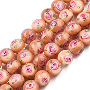 Handmade Lampwork Beads Strands, Round with Flower, Light Salmon, 9.5mm, Hole: 1.5mm, about 50pcs/strand, 18.90 inch(48cm)(LAMP-N021-45F)