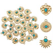 30Pcs 3 Styles Synthetic Turquoise Alloy Pendants, with Crystal Rhinestones, Flat Round & Heart & Sun Charm, Light Gold, 20~21.5x18~20x4~5mm, Hole: 2~2.2mm, 10pcs/style(FIND-SZ0002-82)