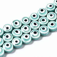 Handmade Porcelain Ceramic Beads Strands, Bright Glazed Porcelain, Flat Round with Evil Eye, Turquoise, 8x5mm, Hole: 1.5mm, about 40pcs/strand, 12.01 inch(30.5cm)(PORC-T006-04D)