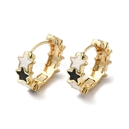 Star Real 18K Gold Plated Brass Hoop Earrings, with Enamel, White, 19.5x7mm(EJEW-L268-013G-01)