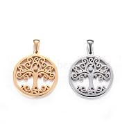 304 Stainless Steel Pendants, Flat Round with Tree of Life, Mixed Color, 27.5x25x2mm, Hole: 7x3mm(STAS-P063-07)