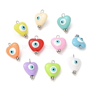 Evil Eye Resin Pendants, Heart Charms with Brass Loops, Mixed Color, Platinum, 19x13.8x9mm, Hole: 2mm(PALLOY-JF02127-02)