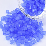 6/0 Transparent Glass Seed Beads, Frosted Colours, Square Hole, Cube, Light Sky Blue, 6/0, 3~5x3~4x3~4mm, Hole: 1.2~1.4mm, about 4500pcs/bag(SEED-S027-04B-06)