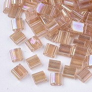 2-Hole Glass Seed Beads, Transparent Colours Rainbow, Rectangle, Dark Salmon, 5x4.5~5.5x2~2.5mm, Hole: 0.5~0.8mm(SEED-S023-37C-01)