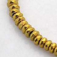 Electroplate Non-magnetic Synthetic Hematite Beads Strands, Faceted Rondelle, Golden Plated, 4x2mm, Hole: 1mm, about 188pcs/strand, 15.7 inch(G-J208B-02)