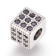 Brass Micro Pave Cubic Zirconia Beads, Cube, Black, Real Platinum Plated, 5x5.5x5.5mm, Hole: 2.5mm(X-ZIRC-F088-026P)