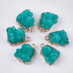 Electroplate Druzy Resin Pendants, with Iron Findings, Nuggets, Light Gold, Light Sea Green, 19~20x15~16x11~12mm, Hole: 1.8mm(RESI-S366-18F)
