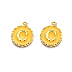 Golden Plated Alloy Enamel Charms, Enamelled Sequins, Flat Round with Alphabet, Letter.C, Yellow, 14x12x2mm, Hole: 1.5mm(X-ENAM-Q437-13C)