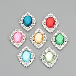 Alloy Rhinestone Flat Back Cabochons, with Acrylic Rhinestone, Oval, Silver Color Plated, Mixed Color, 32x25x4.5mm(RB-S061-A)