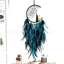 Cat Woven Net/Web with Feather Pendant Decoration, Chakra Tree with Iron Finding, Hanging Decorations, Dark Turquoise, 730mm(PW-WGF66F3-04)