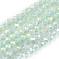 Faceted(32 Facets) Round Full Rainbow Plated Electroplate Glass Beads Strands, Light Green, 4mm, Hole: 1mm, about 90~95pcs/strand, 12.8~13.6 inch(32~34cm)(EGLA-J130-FR17)