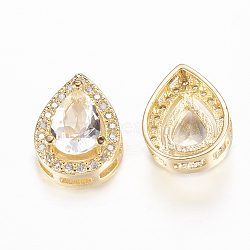 Brass Micro Pave Cubic Zirconia Slide Charms, Rack Plating & Long-Lasting Plated, Cadmium Free & Nickel Free & Lead Free, Real 24K Gold Plated, teardrop, 16x12x7.5mm, Hole: 1.5x2~6mm(ZIRC-F070-13G-FF)
