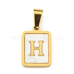 PVD Vacuum Plating 304 Stainless Steel Pave Natural White Shell Pendants, Rectangle with Letter Charms, Golden, Letter H, 17.5x12x1.5mm, Hole: 6x3mm(STAS-S130-03G-H)