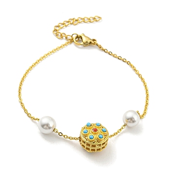 Brass with Synthetic Turquoise Flat Round Link Bracelet with Plastic Pearl Beaded, with Ion Plating(IP) 304 Stainless Steel Chains, Long-Lasting Plated, Real 18K Gold Plated, 7-3/8 inch(18.7cm)