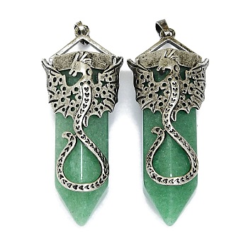 Natural Green Aventurine Faceted Pointed Bullet Big Pendants, Rack Plating Antique Silver Plated Alloy Dragon Charms, Cadmium Free & Lead Free, 55~58.5x22.5~23x18.5mm, Hole: 4.8x7.8mm