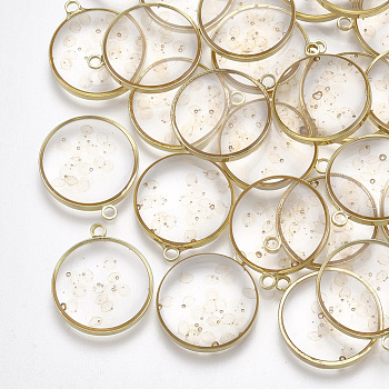 Epoxy Resin Pendants, with Brass Findings, Flat Round, Light Gold, Clear, 18.5x16x2.5~4mm, Hole: 1.5mm