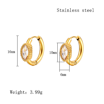 Cubic Zirconia Hoop Earrings, Real 18K Gold Plated 304 Stainless Steel Earrings, Oval, 16x6mm