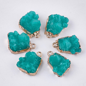 Electroplate Druzy Resin Pendants, with Iron Findings, Nuggets, Light Gold, Light Sea Green, 19~20x15~16x11~12mm, Hole: 1.8mm