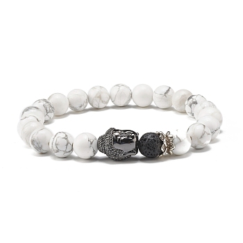 Natural Howlite & Lava Rock Round Beads Energy Power Stretch Bracelet for Men Women, Buddha Head Brass Beads Bracelet, Gunmetal, Inner Diameter: 2-1/8 inch(5.5cm)