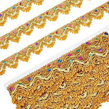 Elite 2 Cards Wave-Shaped Polyester Ribbons, with Colorful Sequins, Gold, 1-3/8 inch(34mm), about 9.30 Yards(8.5m)/card
