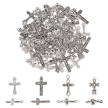 WADORN 4 style Tibetan Style Alloy Pendants, Cross with Jesus Charm, Antique Silver, 25~42.5x14~29.5x2~3.5mm, Hole: 1.2~2.8mm